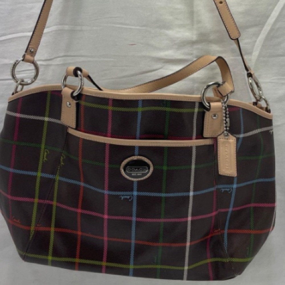 Coach Brown Peyton Tattersall Leather Purse EUC Vintage